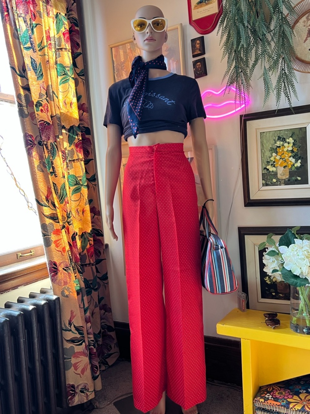 Vintage Handmade Wide Leg Red Polka-Dot Pants - Women's Stylish High-Rise - Picture 16 of 16